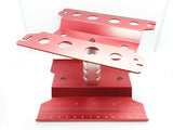 Close-up of the height-adjustable RC car stand, showcasing its sturdy construction and versatile use for 1/10 scale models - red