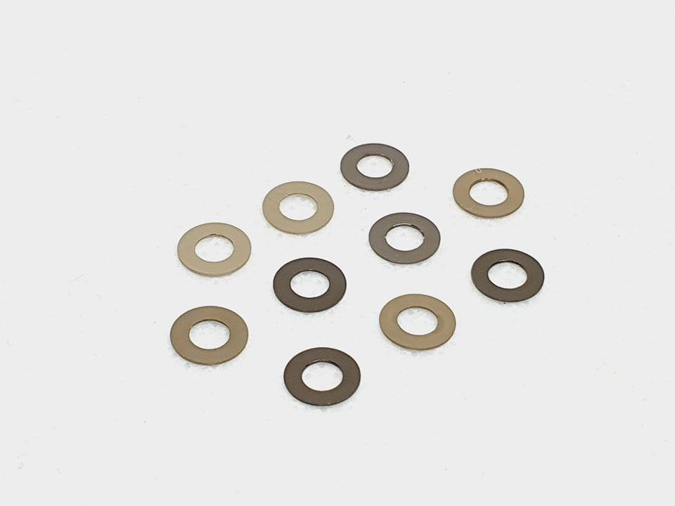 Pack of 10 aluminium M3 0.25mm flat gasket washers, used as spacer shims for precise RC car assembly