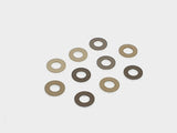 Pack of 10 aluminium M3 0.5mm flat gasket washers, used as spacer shims for precise RC car assembly
