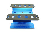 Close-up of the height-adjustable RC car stand, showcasing its sturdy construction and versatile use for 1/10 scale models - blue