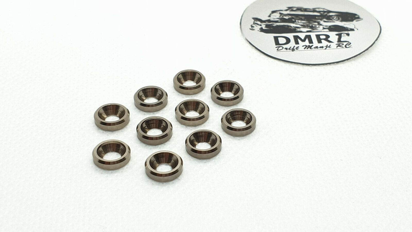 10-piece set of M3 aluminium countersunk gasket washers, designed for secure and flush screw fittings in RC cars