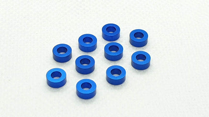 Pack of 10 aluminium M3 2.0mm flat gasket washers, used as spacer shims for precise RC car assembly