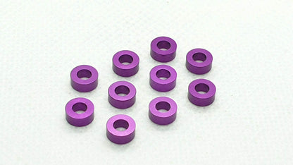 Pack of 10 aluminium M3 2.0mm flat gasket washers, used as spacer shims for precise RC car assembly