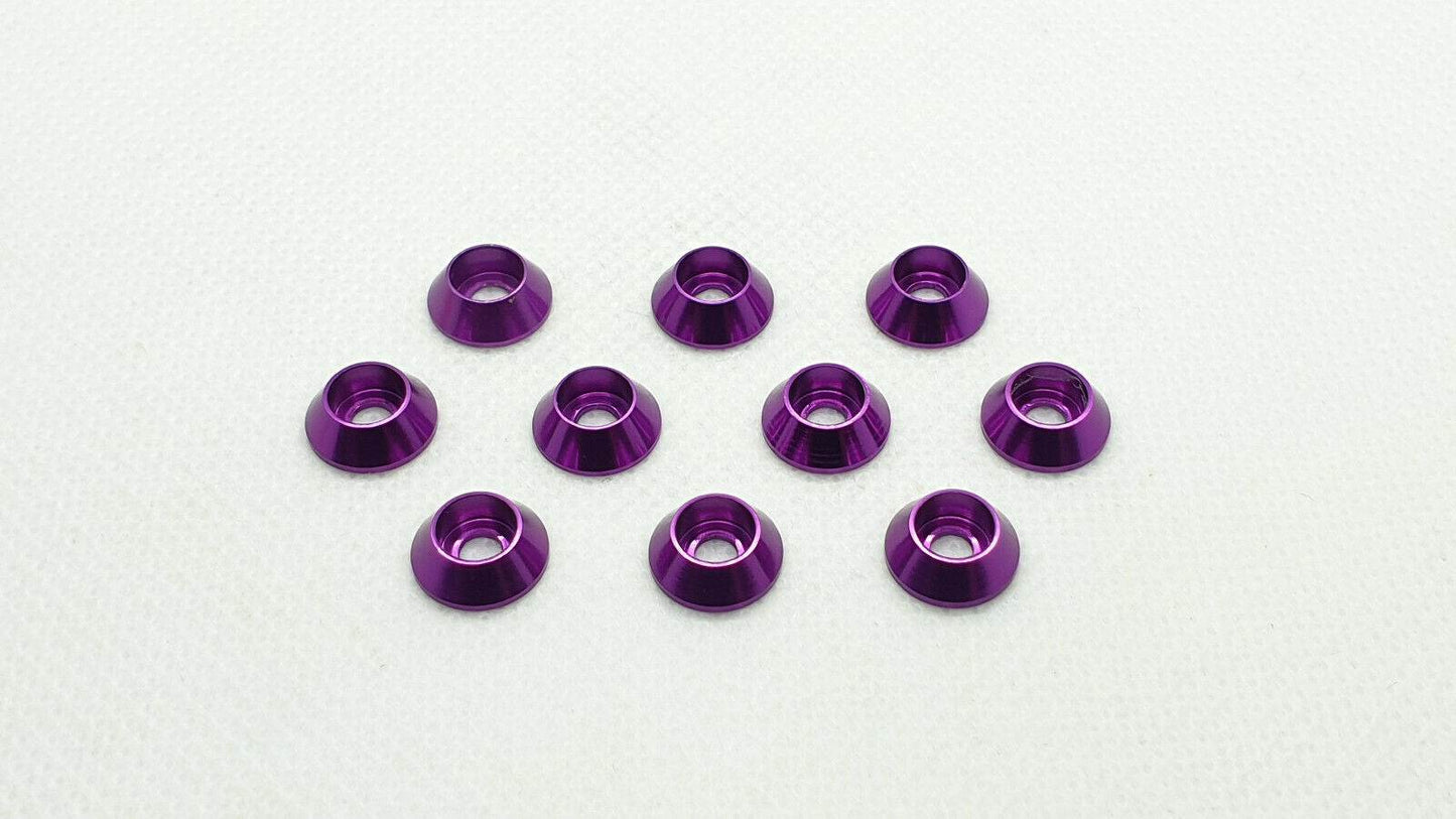 10-piece set of M3 aluminium cup head gasket washers, designed for secure and flush screw fittings in RC cars