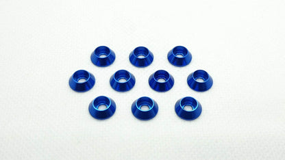 10-piece set of M3 aluminium cup head gasket washers, designed for secure and flush screw fittings in RC cars