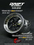 Close-up of the chrome and black DS Racing Drift Elements DE-213 RC wheel set, adjustable, designed for 1/10 scale RC cars