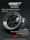 Close-up of the chrome and black DS Racing Drift Elements DE-213 RC wheel set, adjustable, designed for 1/10 scale RC cars