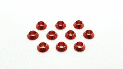 10-piece set of M3 aluminium cup head gasket washers, designed for secure and flush screw fittings in RC cars