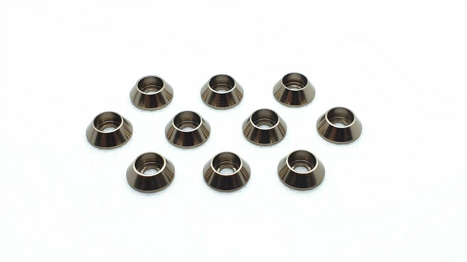 10-piece set of M3 aluminium cup head gasket washers, designed for secure and flush screw fittings in RC cars