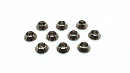 10-piece set of M3 aluminium cup head gasket washers, designed for secure and flush screw fittings in RC cars