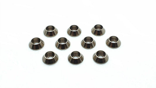 10-piece set of M3 aluminium cup head gasket washers, designed for secure and flush screw fittings in RC cars