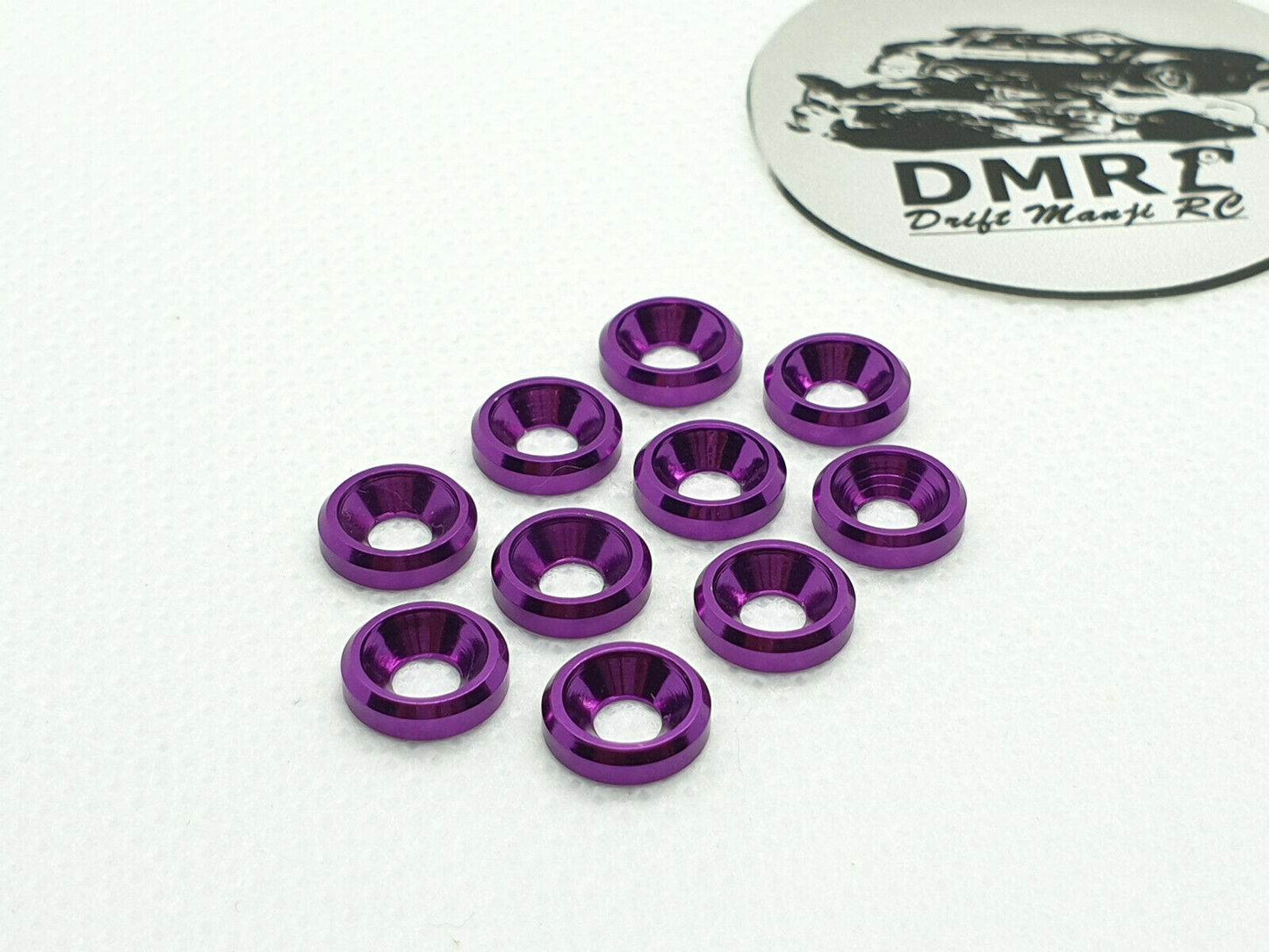 10-piece set of M3 aluminium countersunk gasket washers, designed for secure and flush screw fittings in RC cars