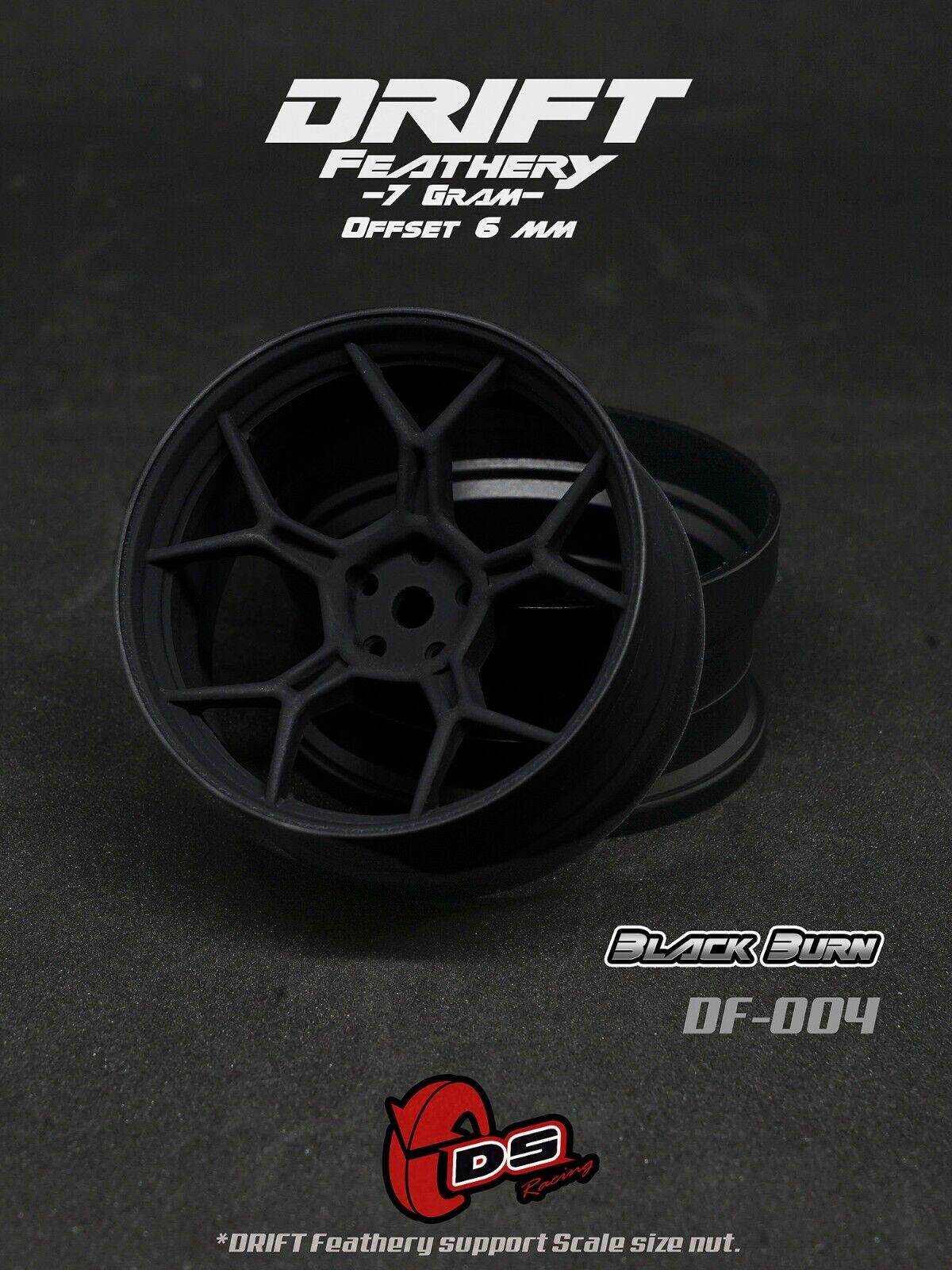 DS Racing RC Drift Wheel Rims Set - 1/10 Scale, Lightweight Matt Black 2pcs DF-004