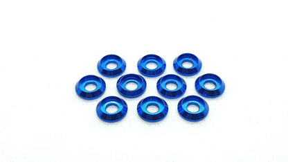 Pack of 10 aluminium M3 round goblet gasket washers, designed to provide both functional and aesthetic enhancements to RC cars