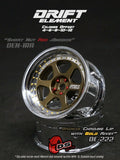 Close-up of the chrome and bronze DS Racing Drift Elements DE-222 RC wheel set, adjustable, designed for 1/10 scale RC cars