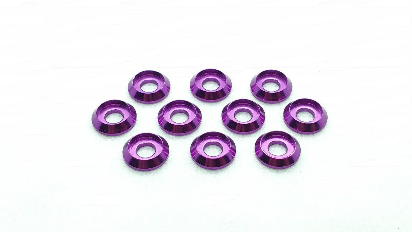 Pack of 10 aluminium M3 round goblet gasket washers, designed to provide both functional and aesthetic enhancements to RC cars