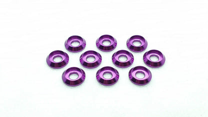 Pack of 10 aluminium M3 round goblet gasket washers, designed to provide both functional and aesthetic enhancements to RC cars