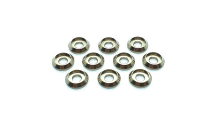 Pack of 10 aluminium M3 round goblet gasket washers, designed to provide both functional and aesthetic enhancements to RC cars