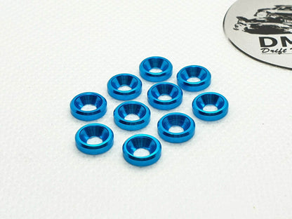 10-piece set of M3 aluminium countersunk gasket washers, designed for secure and flush screw fittings in RC cars