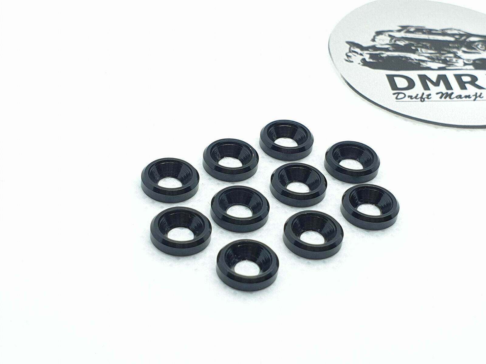 10-piece set of M3 aluminium countersunk gasket washers, designed for secure and flush screw fittings in RC cars