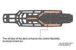 Close-up of MST RMX 2.5 Carbon Lower Chassis Deck, showcasing its flexible design, #210656