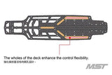 Close-up of MST RMX 2.5 Carbon Lower Chassis Deck, showcasing its flexible design, #210656