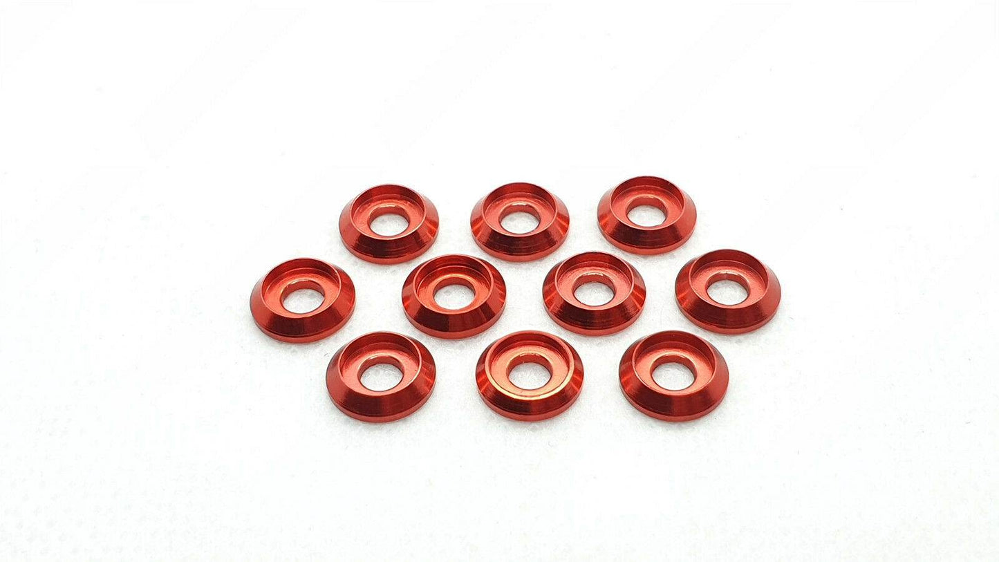 Pack of 10 aluminium M3 round goblet gasket washers, designed to provide both functional and aesthetic enhancements to RC cars