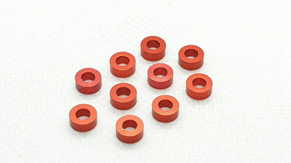 Pack of 10 aluminium M3 2.0mm flat gasket washers, used as spacer shims for precise RC car assembly