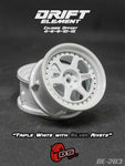 Close-up of the white DS Racing Drift Elements DE-203 RC wheel set, adjustable, designed for 1/10 scale RC cars