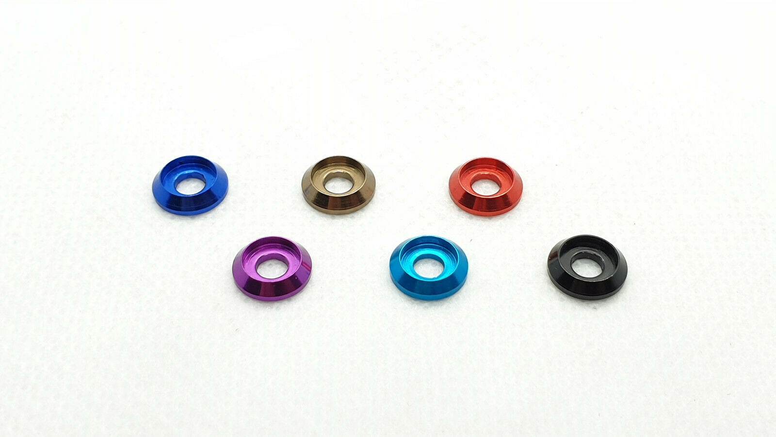 Pack of 10 aluminium M3 round goblet gasket washers, designed to provide both functional and aesthetic enhancements to RC cars