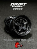 Close-up of the black DS Racing Drift Elements DE-006 RC wheel set, adjustable, designed for 1/10 scale RC cars