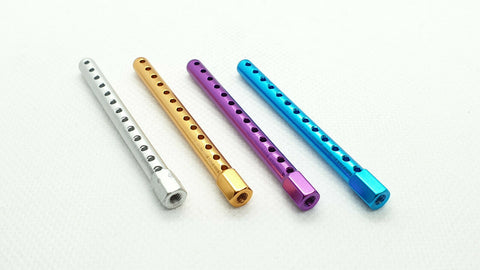 Close-up of 1/10 scale RC aluminium body shell post set, 60mm, in assorted colours