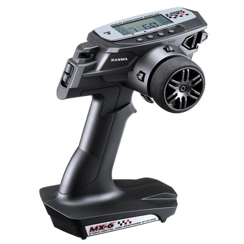 Close-up of Sanwa MX6 Transmitter and RX-391W Waterproof Receiver, essential RC gear