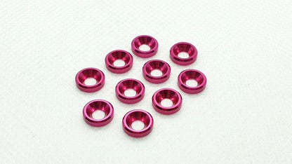 10-piece set of M3 aluminium countersunk gasket washers, designed for secure and flush screw fittings in RC cars