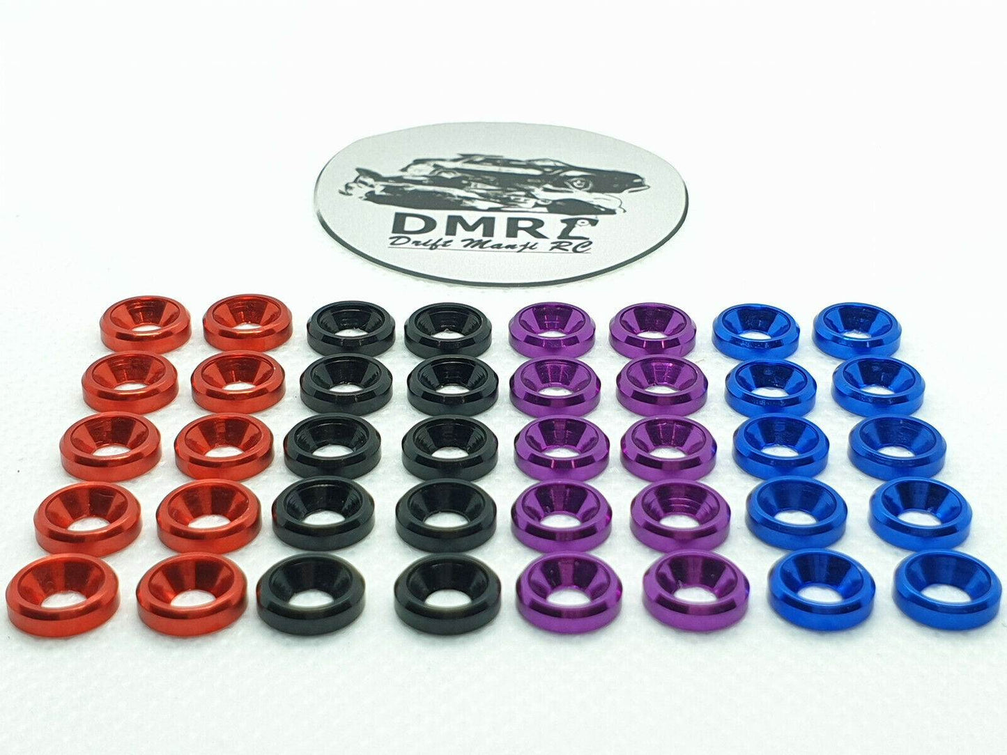 10-piece set of M3 aluminium countersunk gasket washers, designed for secure and flush screw fittings in RC cars