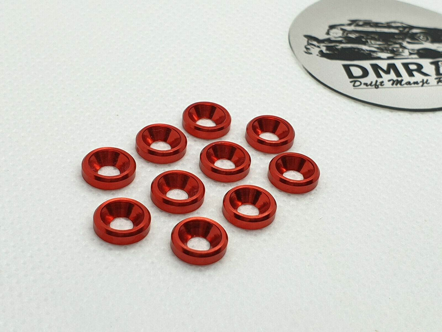 10-piece set of M3 aluminium countersunk gasket washers, designed for secure and flush screw fittings in RC cars