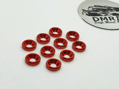 10-piece set of M3 aluminium countersunk gasket washers, designed for secure and flush screw fittings in RC cars