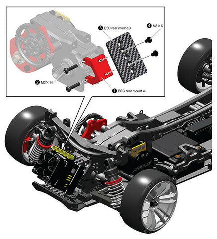 Close-up of MST RMX 2.0/2.5 Carbon ESC Mounting Plate #210639 for secure and lightweight ESC mounting