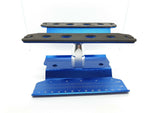 Close-up of the height-adjustable RC car stand, showcasing its sturdy construction and versatile use for 1/10 scale models - blue