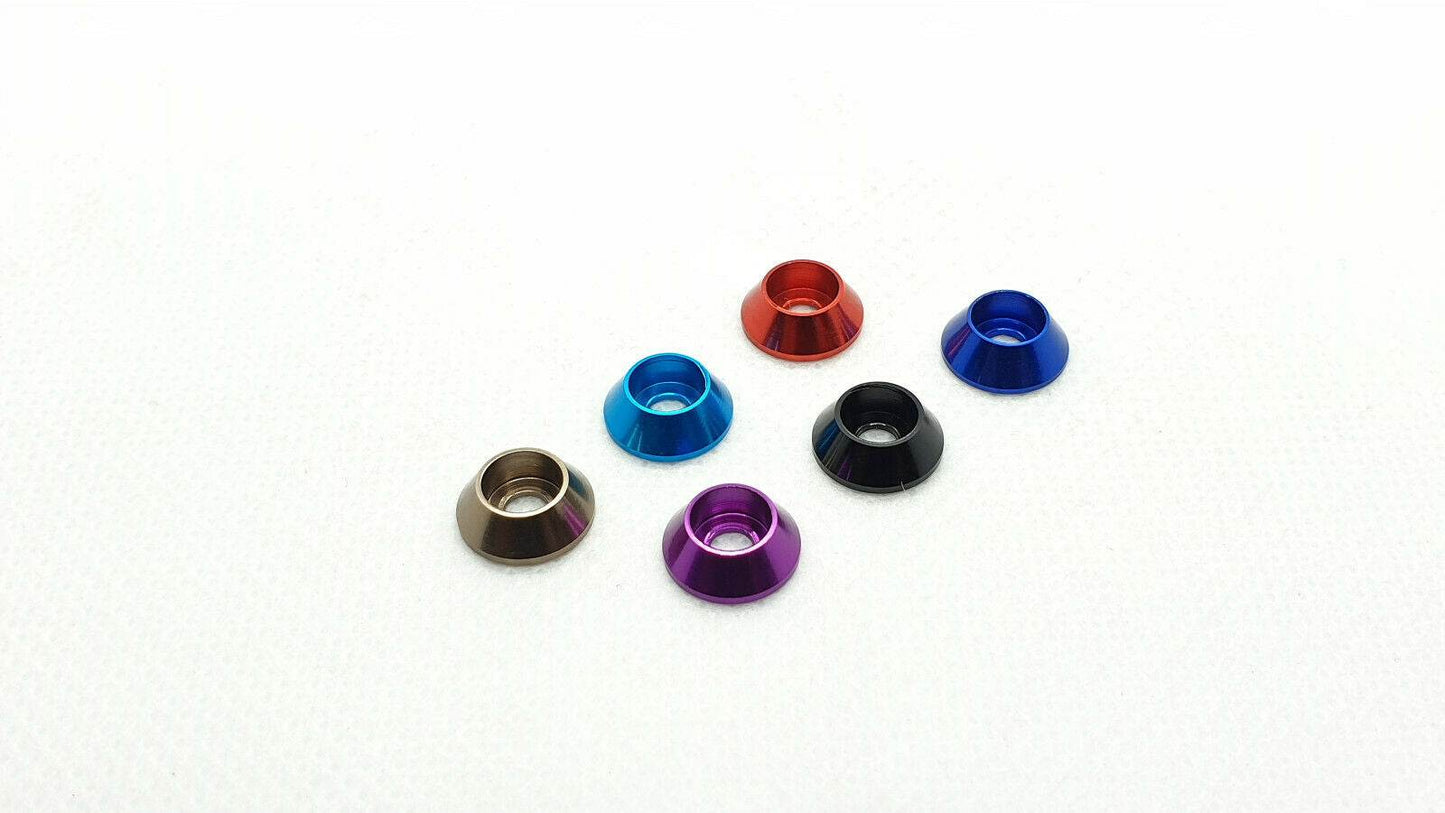10-piece set of M3 aluminium cup head gasket washers, designed for secure and flush screw fittings in RC cars
