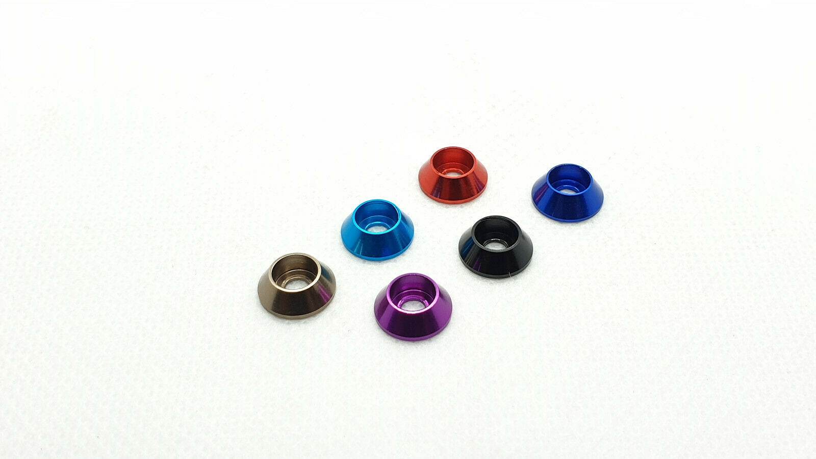 10-piece set of M3 aluminium cup head gasket washers, designed for secure and flush screw fittings in RC cars
