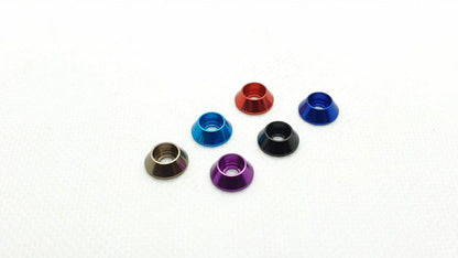 10-piece set of M3 aluminium cup head gasket washers, designed for secure and flush screw fittings in RC cars