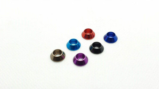 10-piece set of M3 aluminium cup head gasket washers, designed for secure and flush screw fittings in RC cars