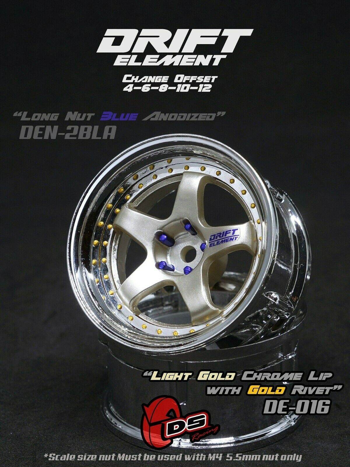 Close-up of the Gold DS Racing Drift Elements DE-010 RC wheel set, adjustable, designed for 1/10 scale RC cars