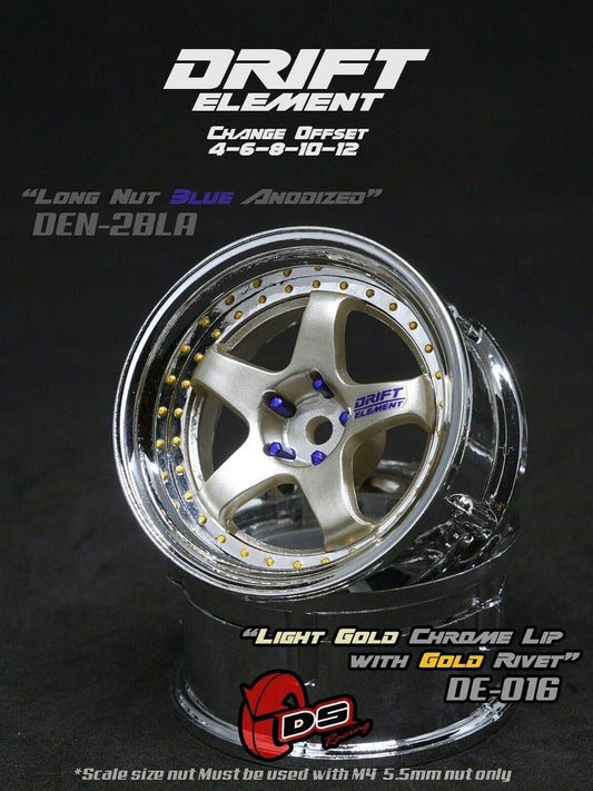 Close-up of the Gold DS Racing Drift Elements DE-010 RC wheel set, adjustable, designed for 1/10 scale RC cars