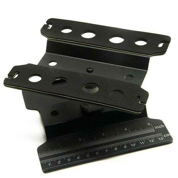Close-up of the height-adjustable RC car stand, showcasing its sturdy construction and versatile use for 1/10 scale models - black
