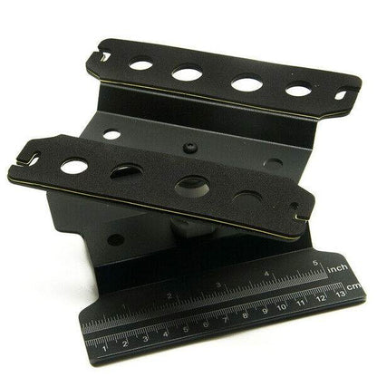 Close-up of the height-adjustable RC car stand, showcasing its sturdy construction and versatile use for 1/10 scale models - black