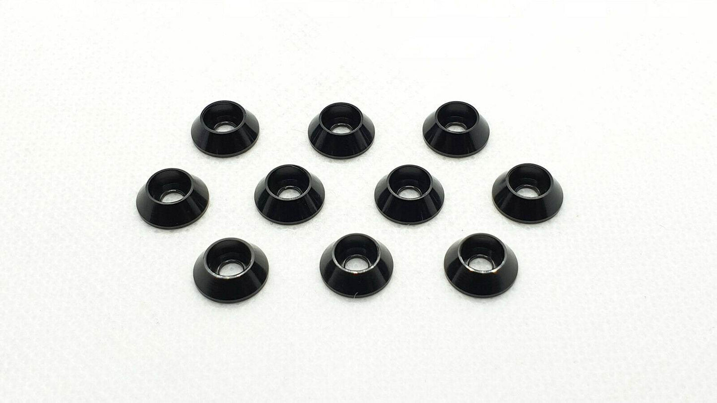 10-piece set of M3 aluminium cup head gasket washers, designed for secure and flush screw fittings in RC cars