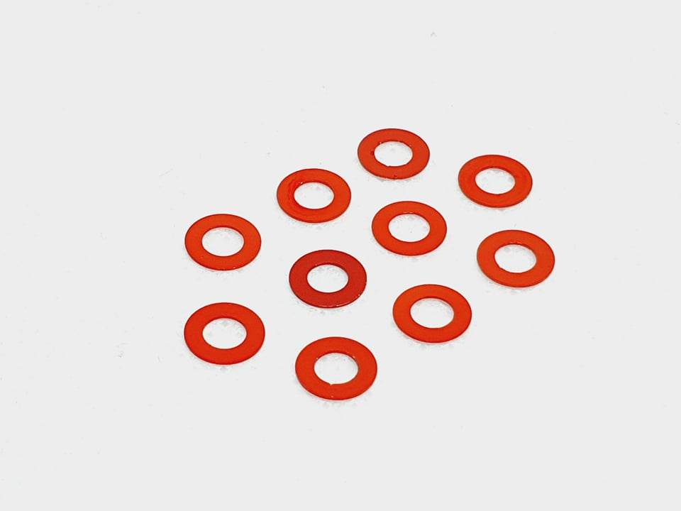 Pack of 10 aluminium M3 0.5mm flat gasket washers, used as spacer shims for precise RC car assembly