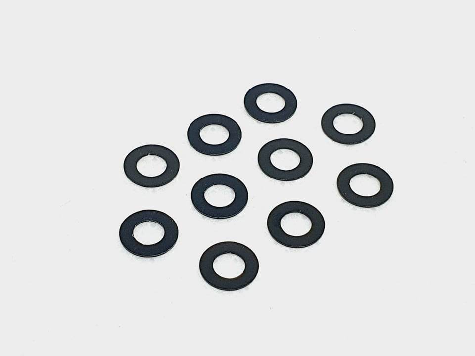 Pack of 10 aluminium M3 0.5mm flat gasket washers, used as spacer shims for precise RC car assembly